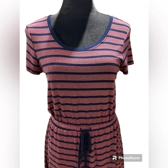 Olive & Oak Navy & Pink Striped Cinched Waist Jersey Dress size small - Picture 3 of 9